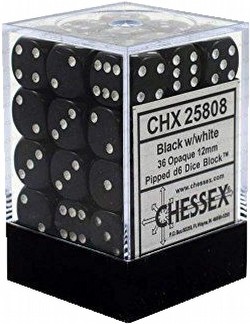Chessex Opaque 12mm Pipped d6 Dice Block [Black w/white - 36 dice]