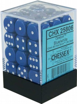 Chessex Opaque 12mm Pipped d6 Dice Block [Blue w/white - 36 dice]